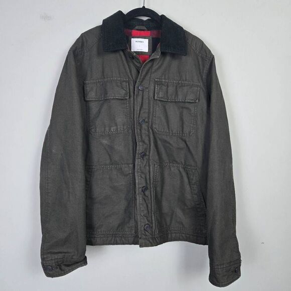 Old Navy Mens Button Up Canvas Chore Coat Sz Large Green Fleece Lined Barn Work - Picture 1 of 7
